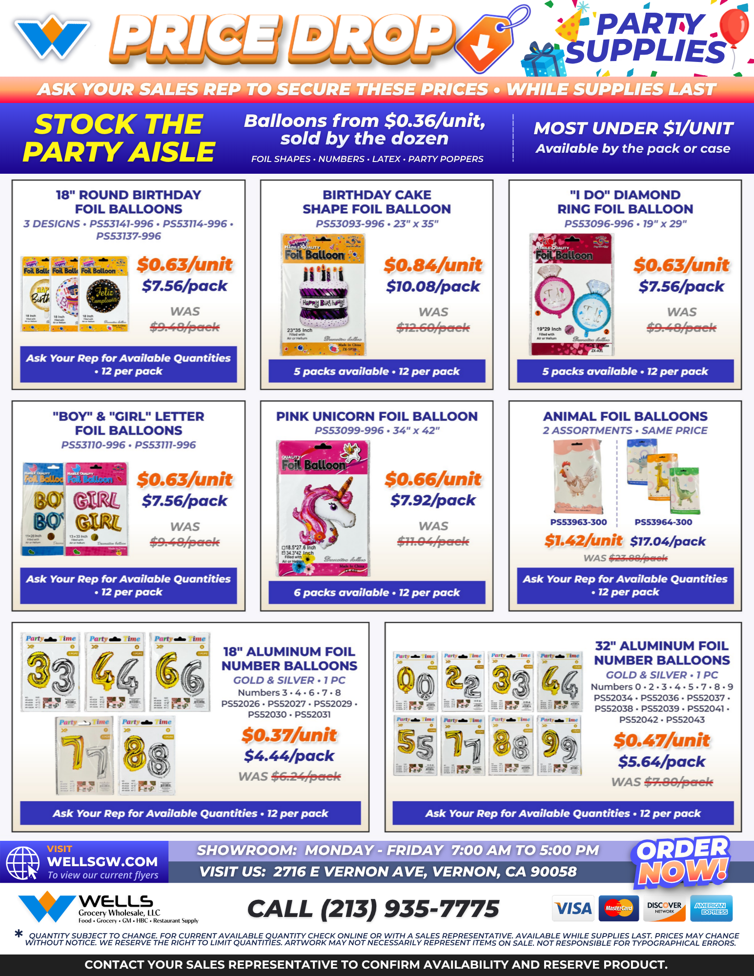 Wells Grocery Wholesale party balloons price drop flyer, page 1