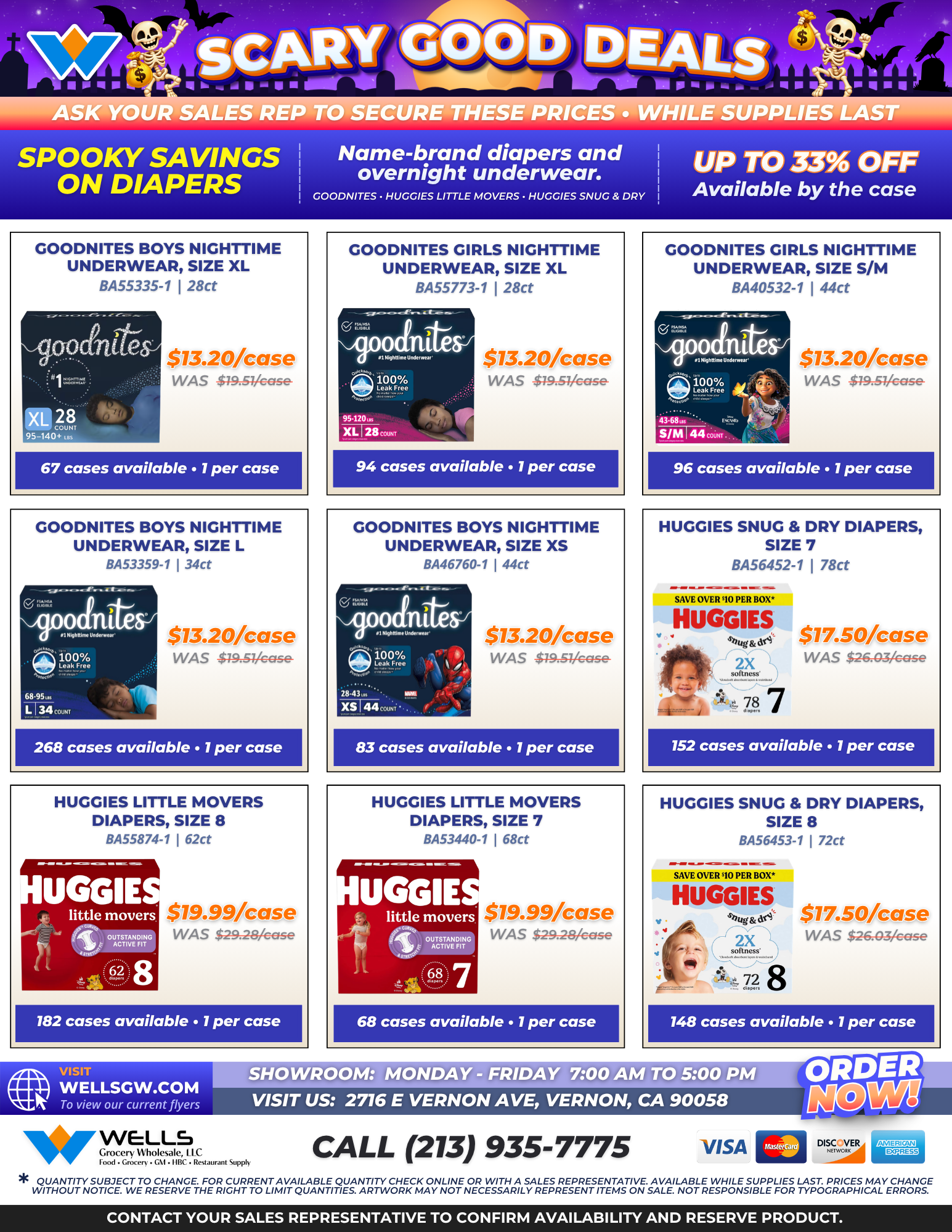 Wells Grocery Wholesale Scary Good Deals diapers and pantry flyer, page 1